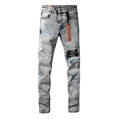 Jean skinny délavé clair pour homme, avec détails usés et imprimé patch au dos 3046 