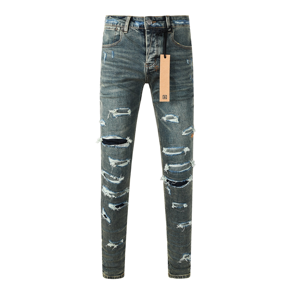 Vaqueros ajustados azul oscuro con rotos intensos para hombre con efecto desgastado extremo y parche gráfico en la espalda para estilo urbano 3049 