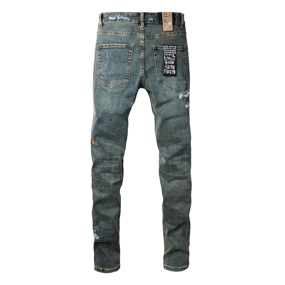 Vaqueros ajustados azul oscuro con rotos intensos para hombre con efecto desgastado extremo y parche gráfico en la espalda para estilo urbano 3049 