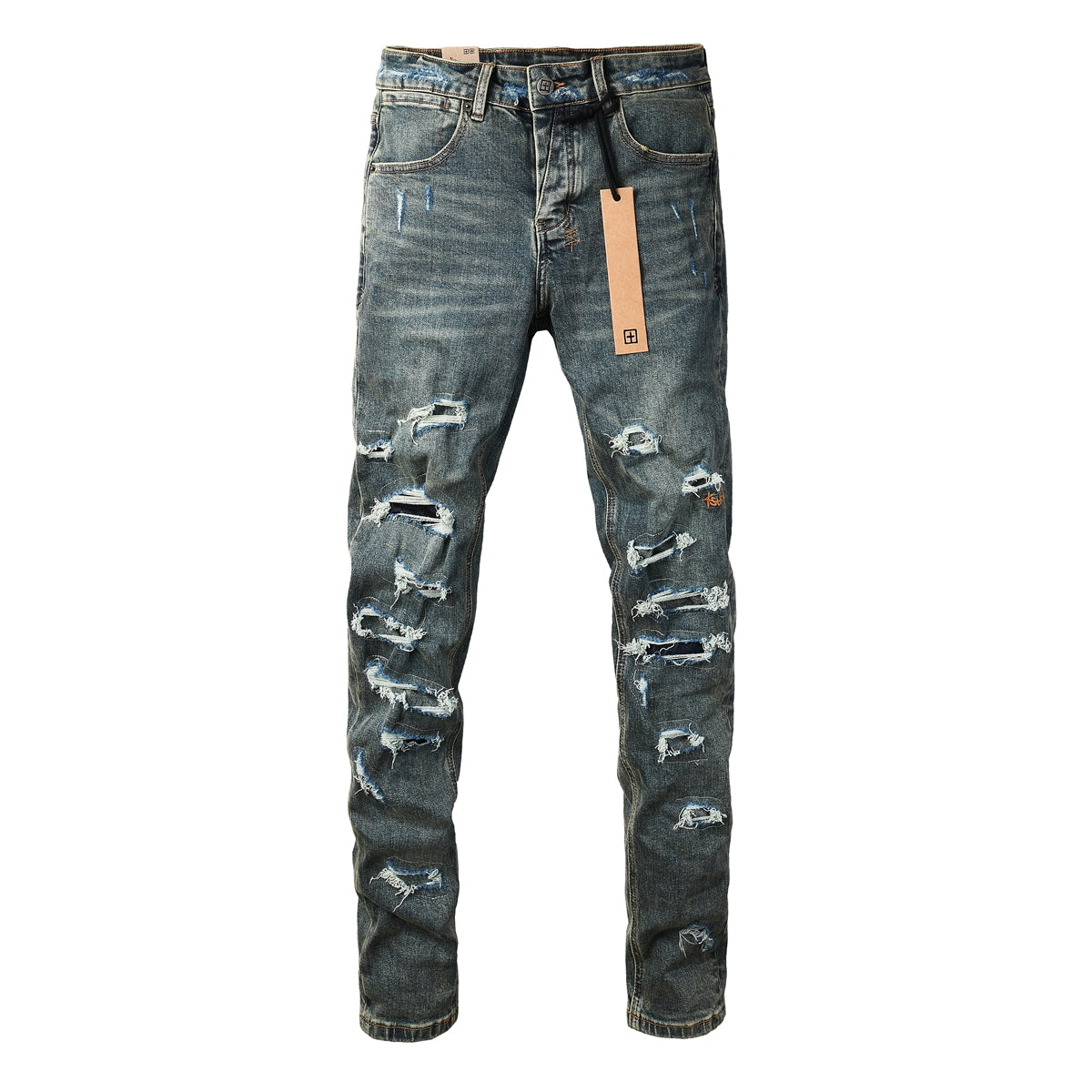 Vaqueros ajustados azul oscuro con rotos intensos para hombre con efecto desgastado extremo y parche gráfico en la espalda para estilo urbano 3049 