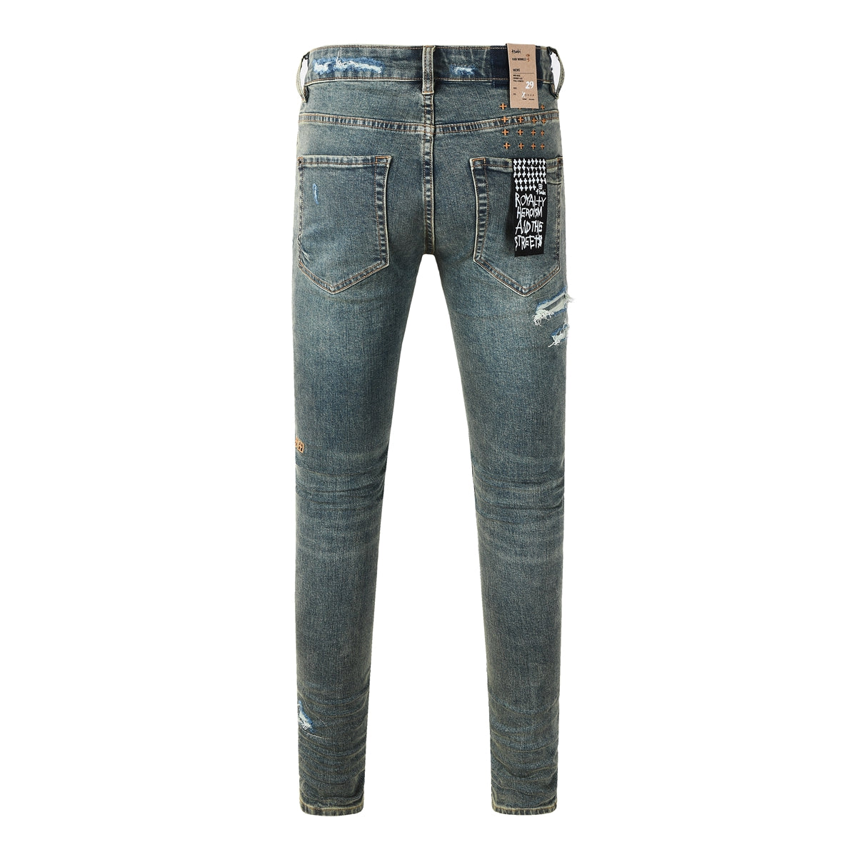 Vaqueros ajustados azul oscuro con rotos intensos para hombre con efecto desgastado extremo y parche gráfico en la espalda para estilo urbano 3049 