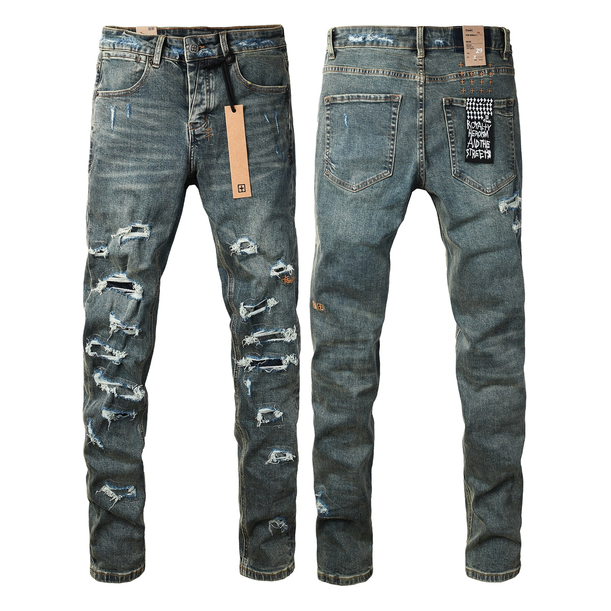 Vaqueros ajustados azul oscuro con rotos intensos para hombre con efecto desgastado extremo y parche gráfico en la espalda para estilo urbano 3049 