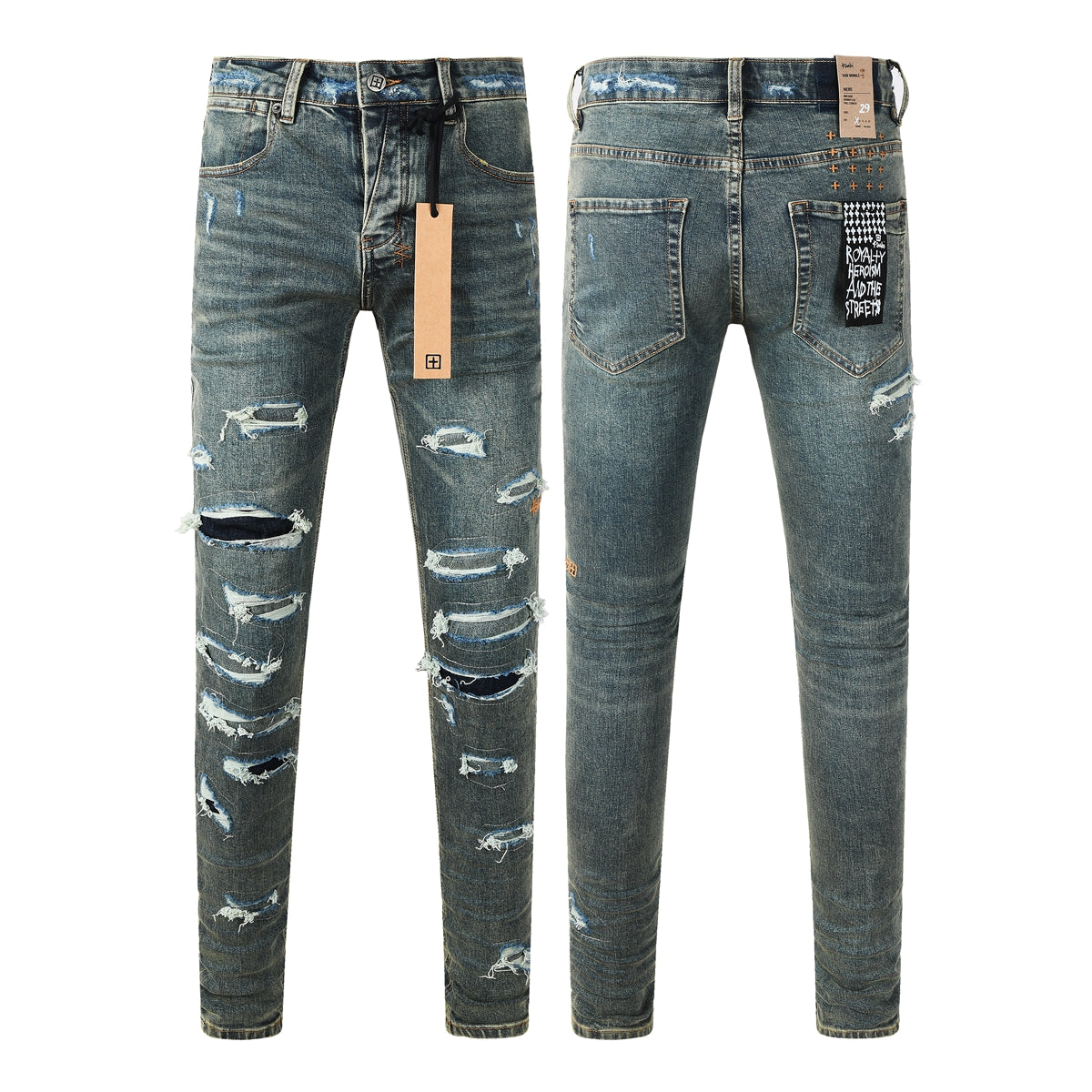 Vaqueros ajustados azul oscuro con rotos intensos para hombre con efecto desgastado extremo y parche gráfico en la espalda para estilo urbano 3049 