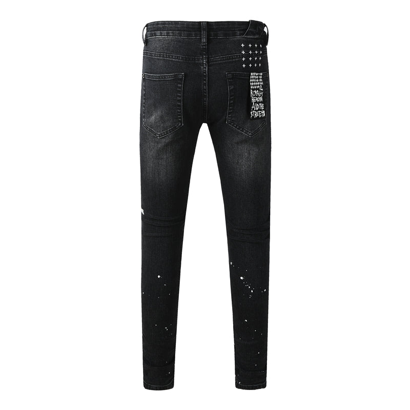 Slim Fit Distressed Black Denim Pants for Men with Knee Rips and White Paint Dots 3051