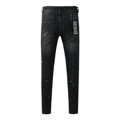 Slim Fit Distressed Black Denim Pants for Men with Knee Rips and White Paint Dots 3051