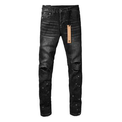 Slim Fit Distressed Black Denim Pants for Men with Knee Rips and White Paint Dots 3051