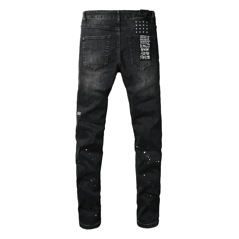 Slim Fit Distressed Black Denim Pants for Men with Knee Rips and White Paint Dots 3051