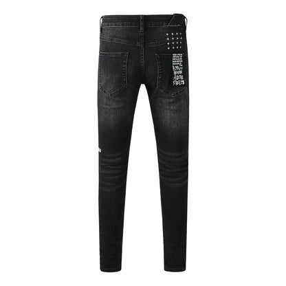 Mens Skinny Black Jeans with Ripped Embroidery and Printed Back Pocket Streetwear Style 3052