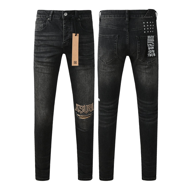 Mens Skinny Black Jeans with Ripped Embroidery and Printed Back Pocket Streetwear Style 3052
