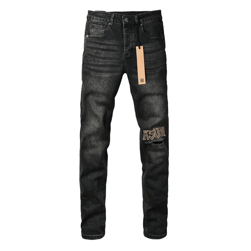 Mens Skinny Black Jeans with Ripped Embroidery and Printed Back Pocket Streetwear Style 3052