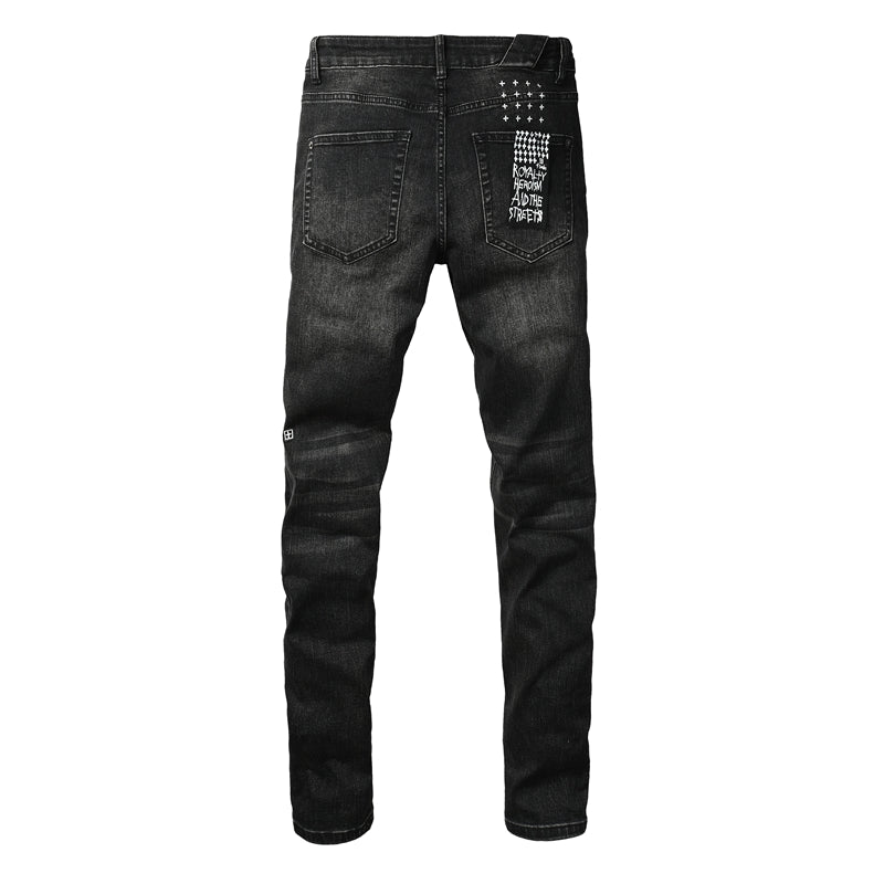 Mens Skinny Black Jeans with Ripped Embroidery and Printed Back Pocket Streetwear Style 3052