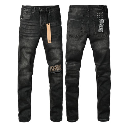 Mens Skinny Black Jeans with Ripped Embroidery and Printed Back Pocket Streetwear Style 3052