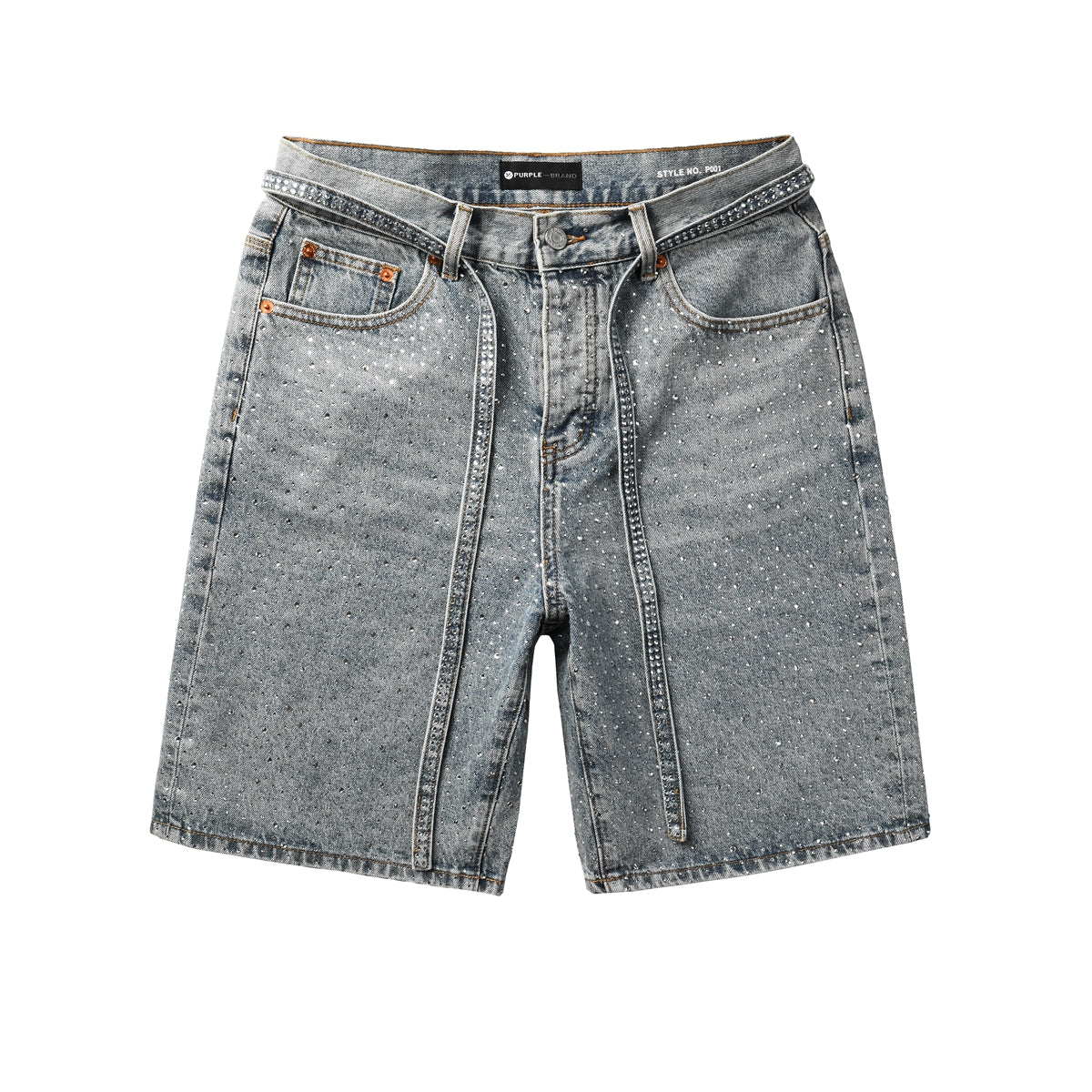 Mens Light Blue Denim Shorts with Sparkling Rhinestones Stylish Summer Streetwear Look 5096
