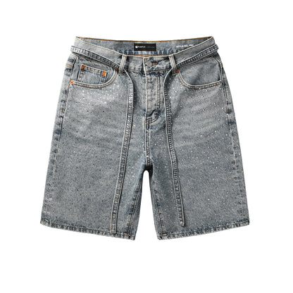 Mens Light Blue Denim Shorts with Sparkling Rhinestones Stylish Summer Streetwear Look 5096