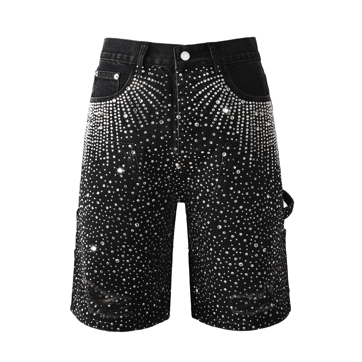 Luxury Bling Men’s Black Jean Shorts Covered in Shiny Rhinestones for Night Out Fashion 5099