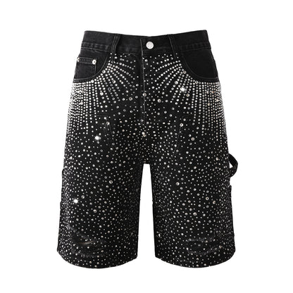 Luxury Bling Men’s Black Jean Shorts Covered in Shiny Rhinestones for Night Out Fashion 5099
