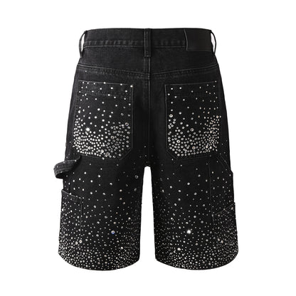 Luxury Bling Men’s Black Jean Shorts Covered in Shiny Rhinestones for Night Out Fashion 5099