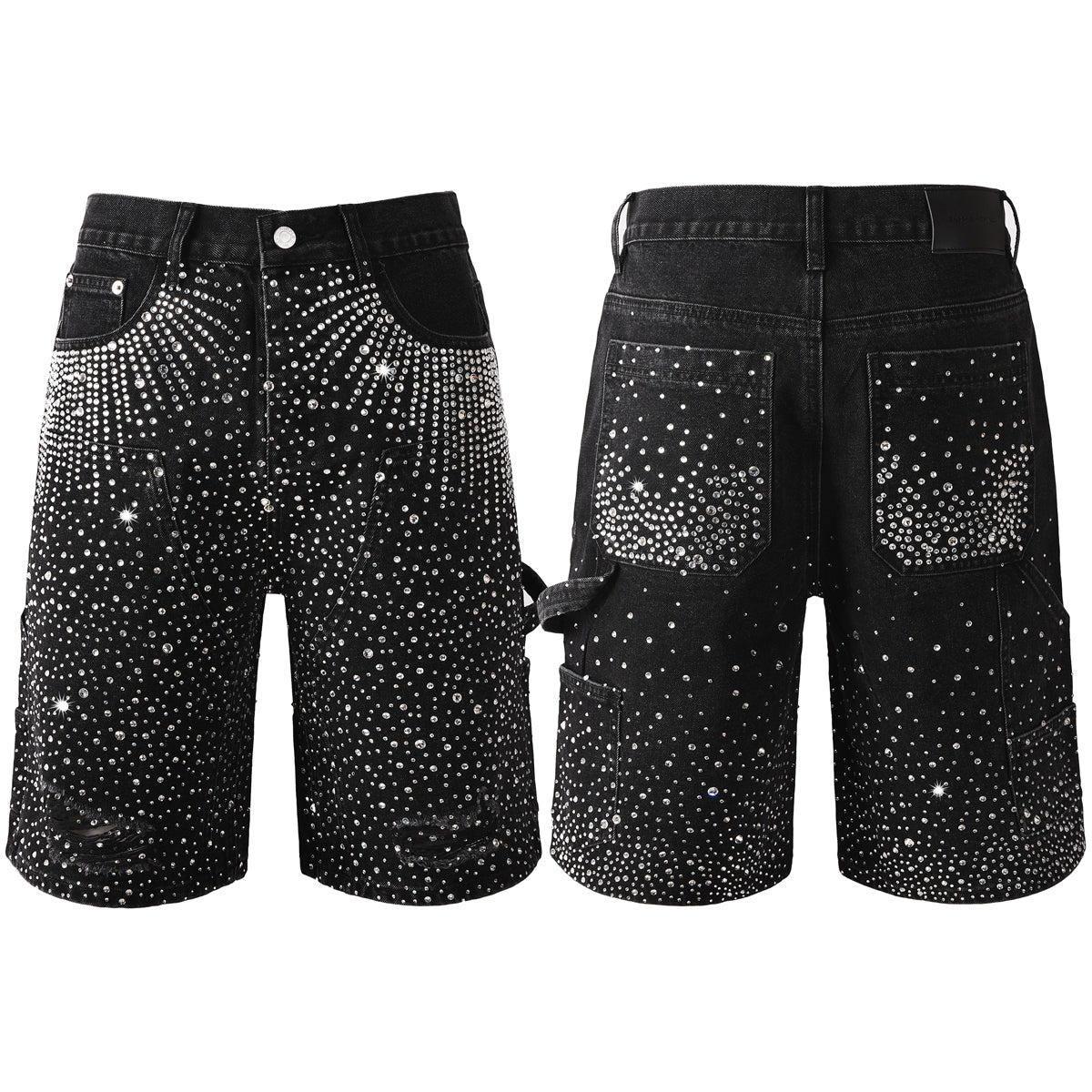 Luxury Bling Men’s Black Jean Shorts Covered in Shiny Rhinestones for Night Out Fashion 5099