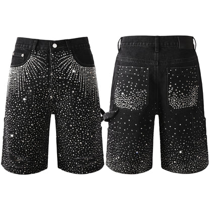 Luxury Bling Men’s Black Jean Shorts Covered in Shiny Rhinestones for Night Out Fashion 5099