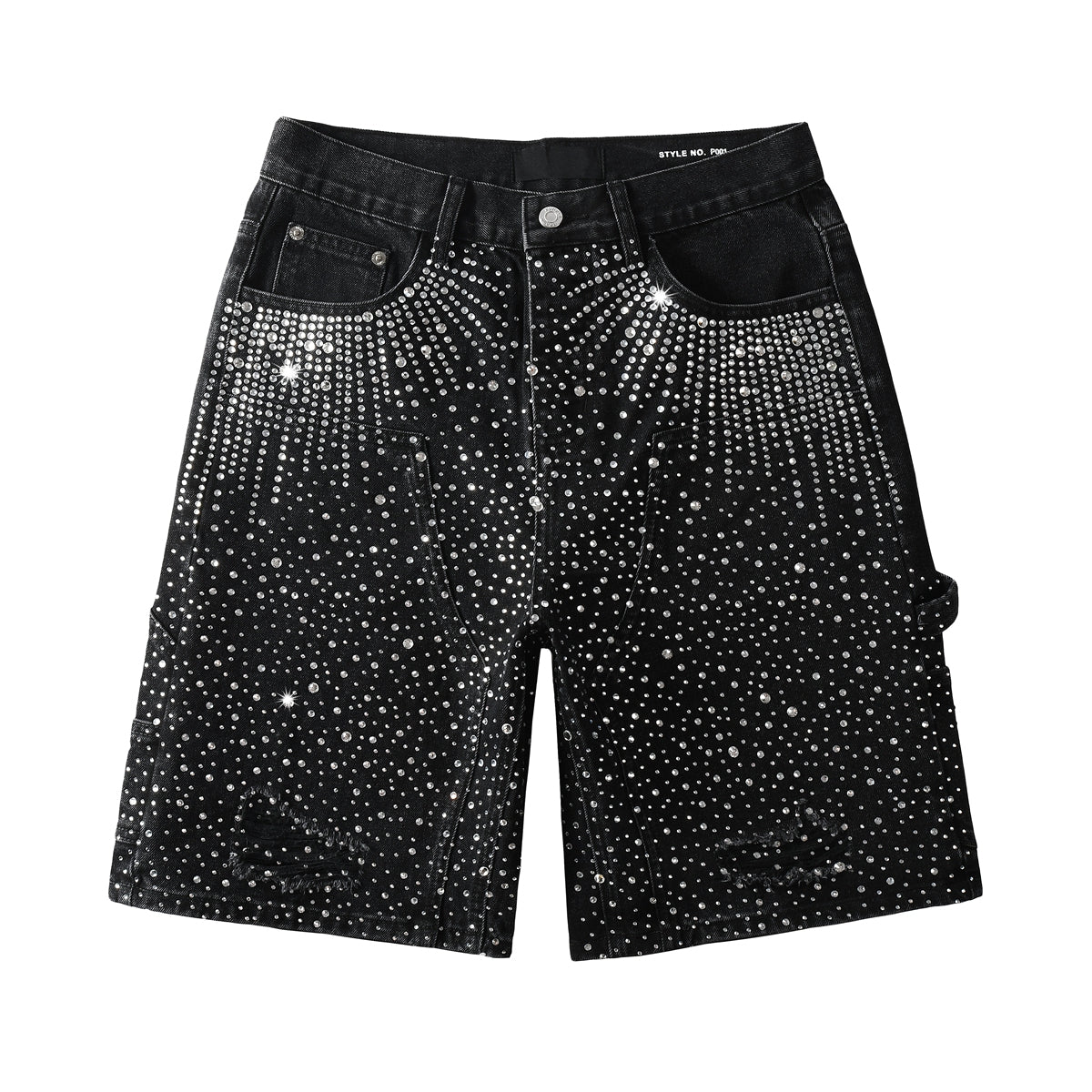Luxury Bling Men’s Black Jean Shorts Covered in Shiny Rhinestones for Night Out Fashion 5099