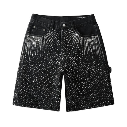 Luxury Bling Men’s Black Jean Shorts Covered in Shiny Rhinestones for Night Out Fashion 5099