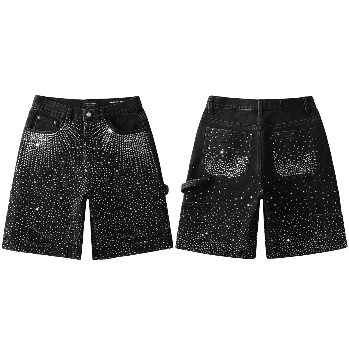 Luxury Bling Men’s Black Jean Shorts Covered in Shiny Rhinestones for Night Out Fashion 5099