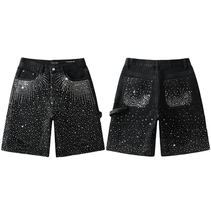 Luxury Bling Men’s Black Jean Shorts Covered in Shiny Rhinestones for Night Out Fashion 5099