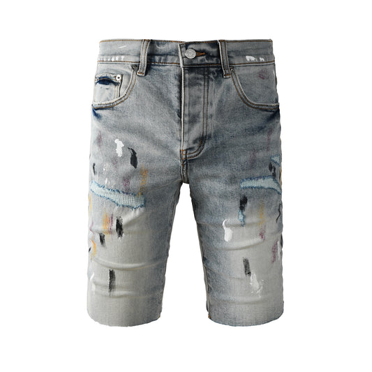 Men’s Light Blue Paint Splatter Denim Shorts with Distressed Streetwear Look 5101