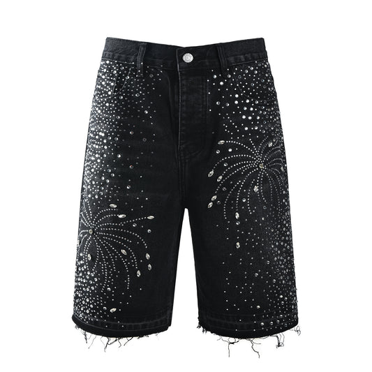 Men’s Black Rhinestone Denim Shorts with Firework Crystal Design 5103