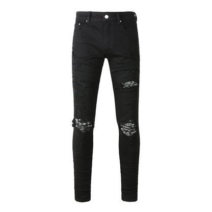 Men’s Black Skinny Jeans with Heavy Ripped Details and Sparkling Fabric Underlays for a Bold Nightlife Look 666