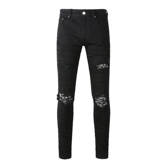Men’s Black Skinny Jeans with Heavy Ripped Details and Sparkling Fabric Underlays for a Bold Nightlife Look 666