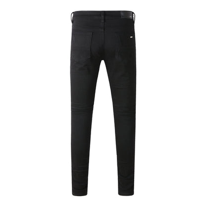 Men’s Black Skinny Jeans with Heavy Ripped Details and Sparkling Fabric Underlays for a Bold Nightlife Look 666