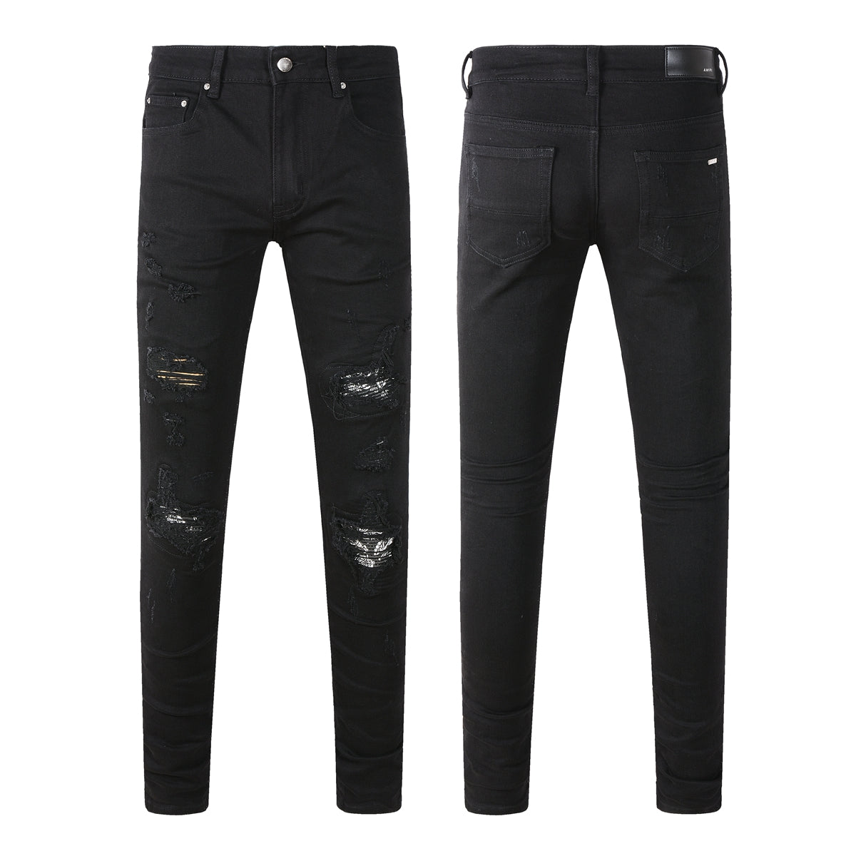Men’s Black Skinny Jeans with Heavy Ripped Details and Sparkling Fabric Underlays for a Bold Nightlife Look 666