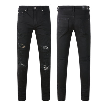 Men’s Black Skinny Jeans with Heavy Ripped Details and Sparkling Fabric Underlays for a Bold Nightlife Look 666