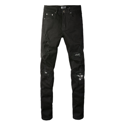 Men’s Black Skinny Jeans with Heavy Ripped Details and Sparkling Fabric Underlays for a Bold Nightlife Look 666