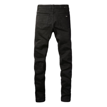 Men’s Black Skinny Jeans with Heavy Ripped Details and Sparkling Fabric Underlays for a Bold Nightlife Look 666