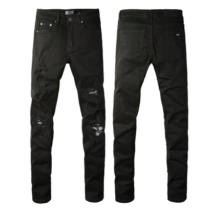 Men’s Black Skinny Jeans with Heavy Ripped Details and Sparkling Fabric Underlays for a Bold Nightlife Look 666