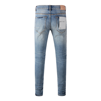 Men’s Light Blue Skinny Jeans with Black Pixel Letter Print Street Style Denim Pants 9052