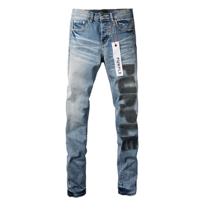 Men’s Light Blue Skinny Jeans with Black Pixel Letter Print Street Style Denim Pants 9052