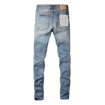 Men’s Light Blue Skinny Jeans with Black Pixel Letter Print Street Style Denim Pants 9052
