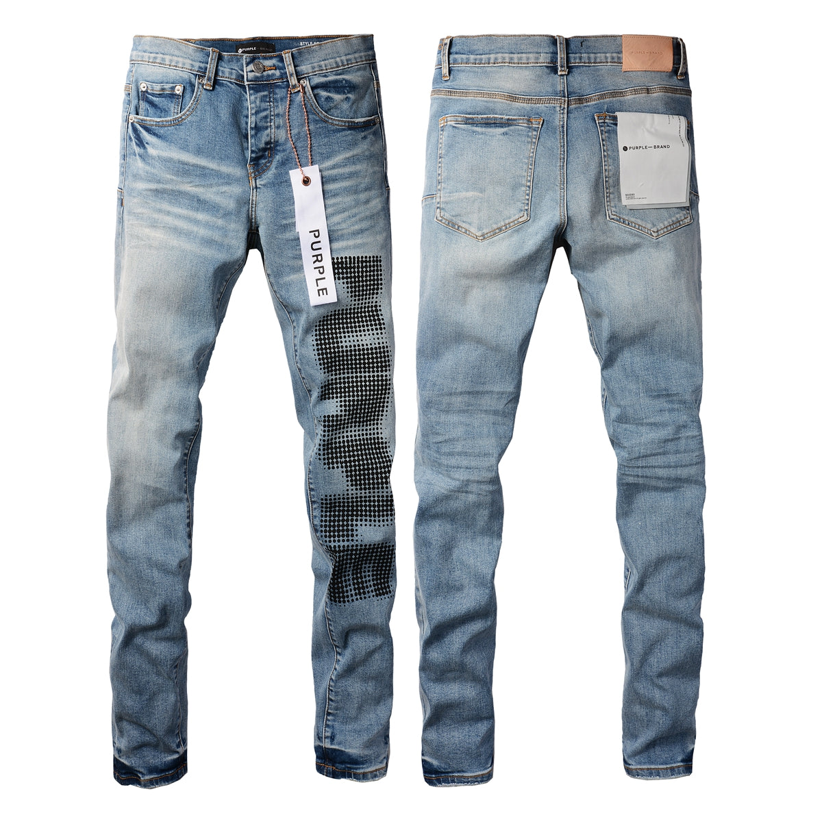 Men’s Light Blue Skinny Jeans with Black Pixel Letter Print Street Style Denim Pants 9052