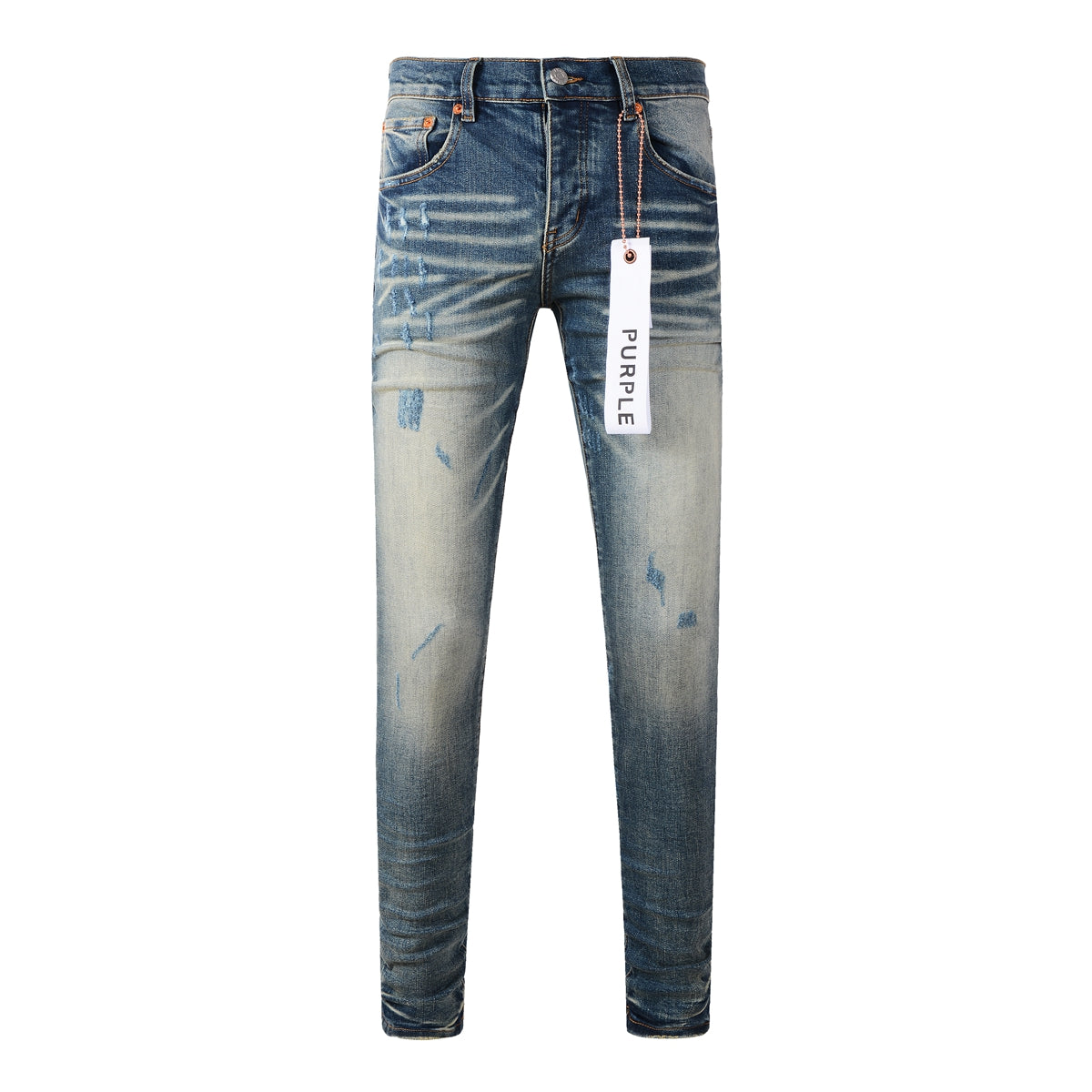 Men’s Faded Light Blue Skinny Jeans with Distressed Wash and Whisker Detailing Vintage Denim Pants 9055