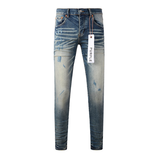 Men’s Faded Light Blue Skinny Jeans with Distressed Wash and Whisker Detailing Vintage Denim Pants 9055