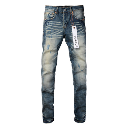 Men’s Faded Light Blue Skinny Jeans with Distressed Wash and Whisker Detailing Vintage Denim Pants 9055