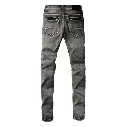 Men Classic Streetwear Jeans Distressed Black Grey Ripped Skinny 9068