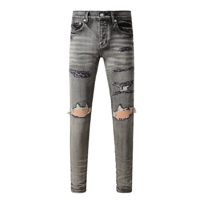 Men Classic Streetwear Jeans Distressed Black Grey Ripped Skinny 9068