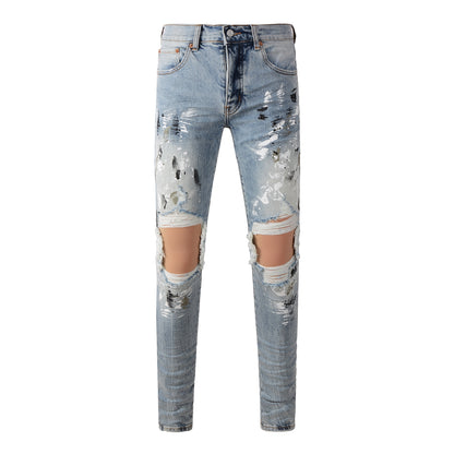 Men Streetwear Jeans Light Blue Paint Splash Distressed Ripped Skinny 9100