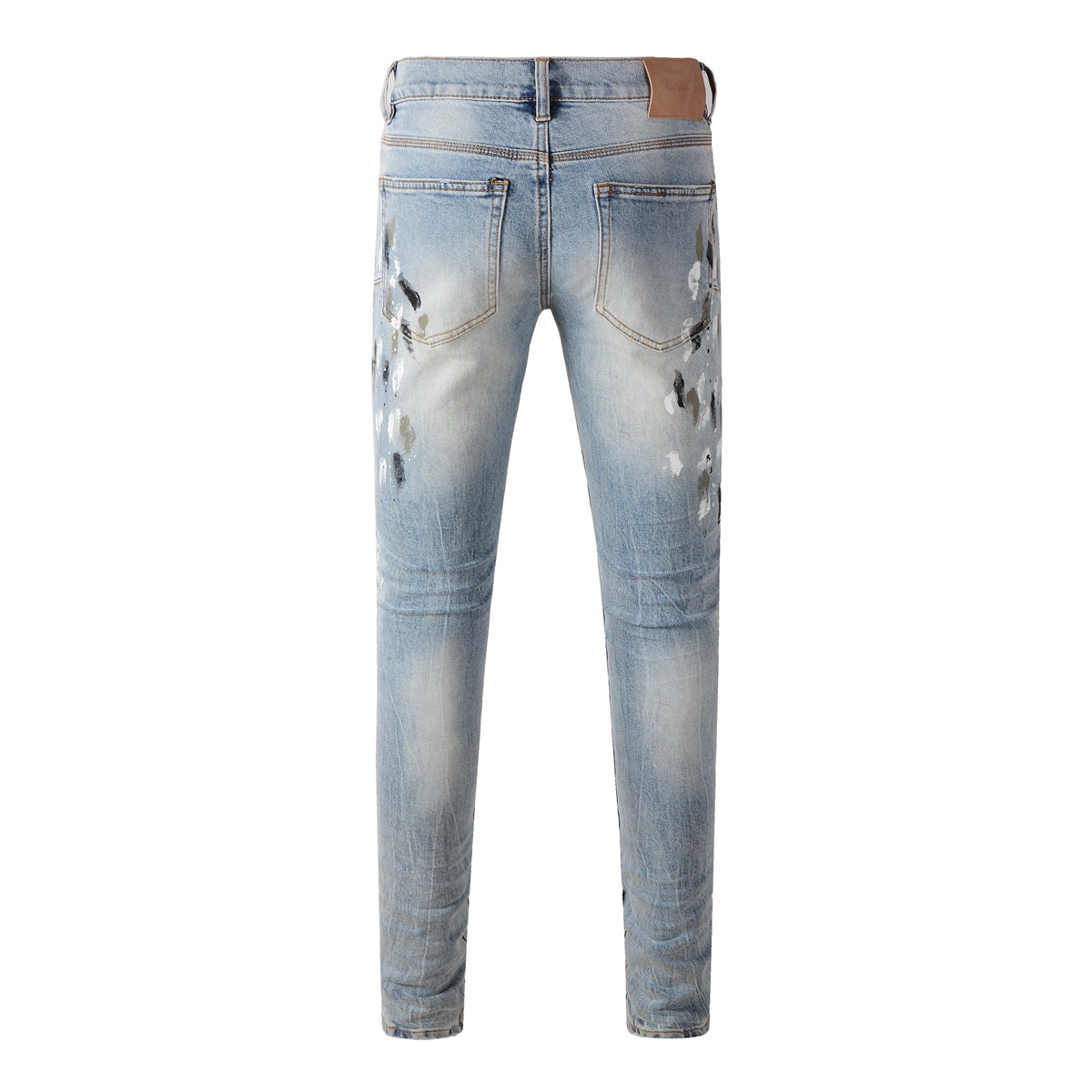 Men Streetwear Jeans Light Blue Paint Splash Distressed Ripped Skinny 9100