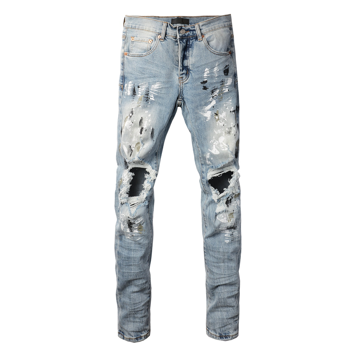 Men Streetwear Jeans Light Blue Paint Splash Distressed Ripped Skinny 9100