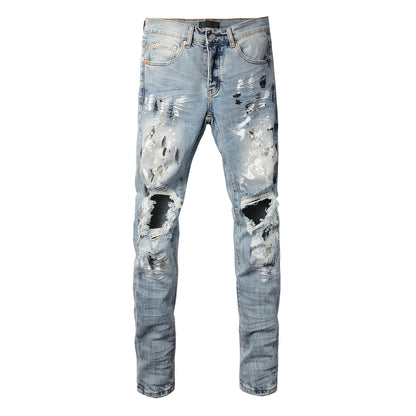 Men Streetwear Jeans Light Blue Paint Splash Distressed Ripped Skinny 9100